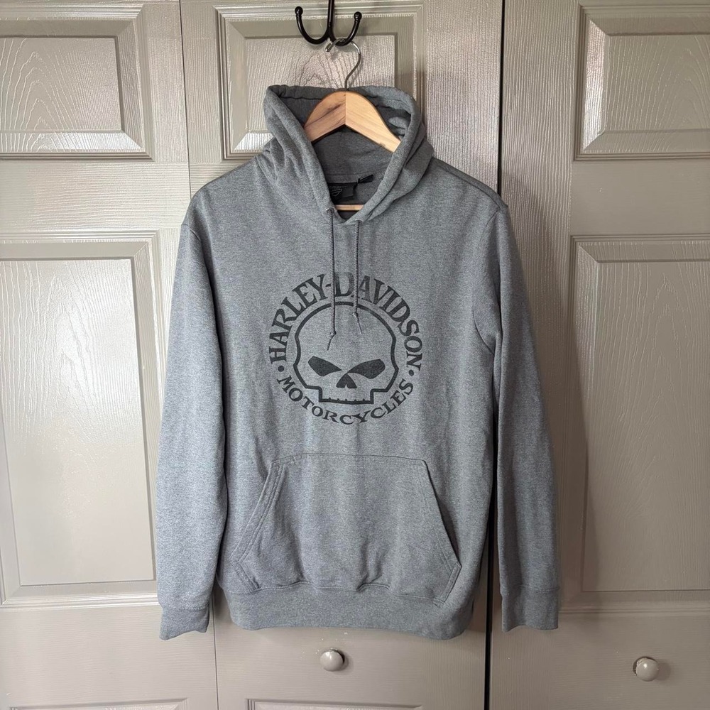 Harley Davidson Mens Grey Willie G Skull Pullover Hoodie Sweatshirt Size M